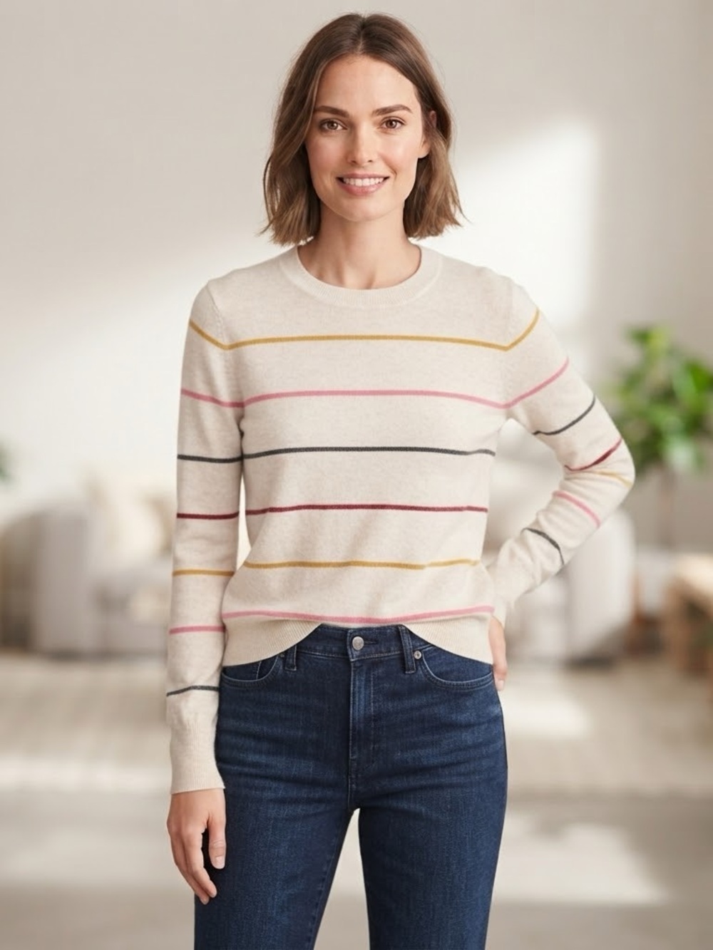 LOFT Cream Crewneck Sweater with Multi-Color Stripes